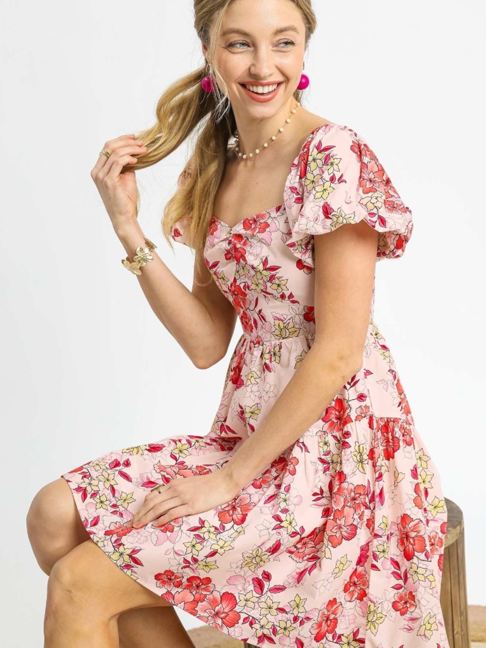 Umgee Floral Puff Sleeve Tiered Mini Dress Square Neck Smocked Back NWT